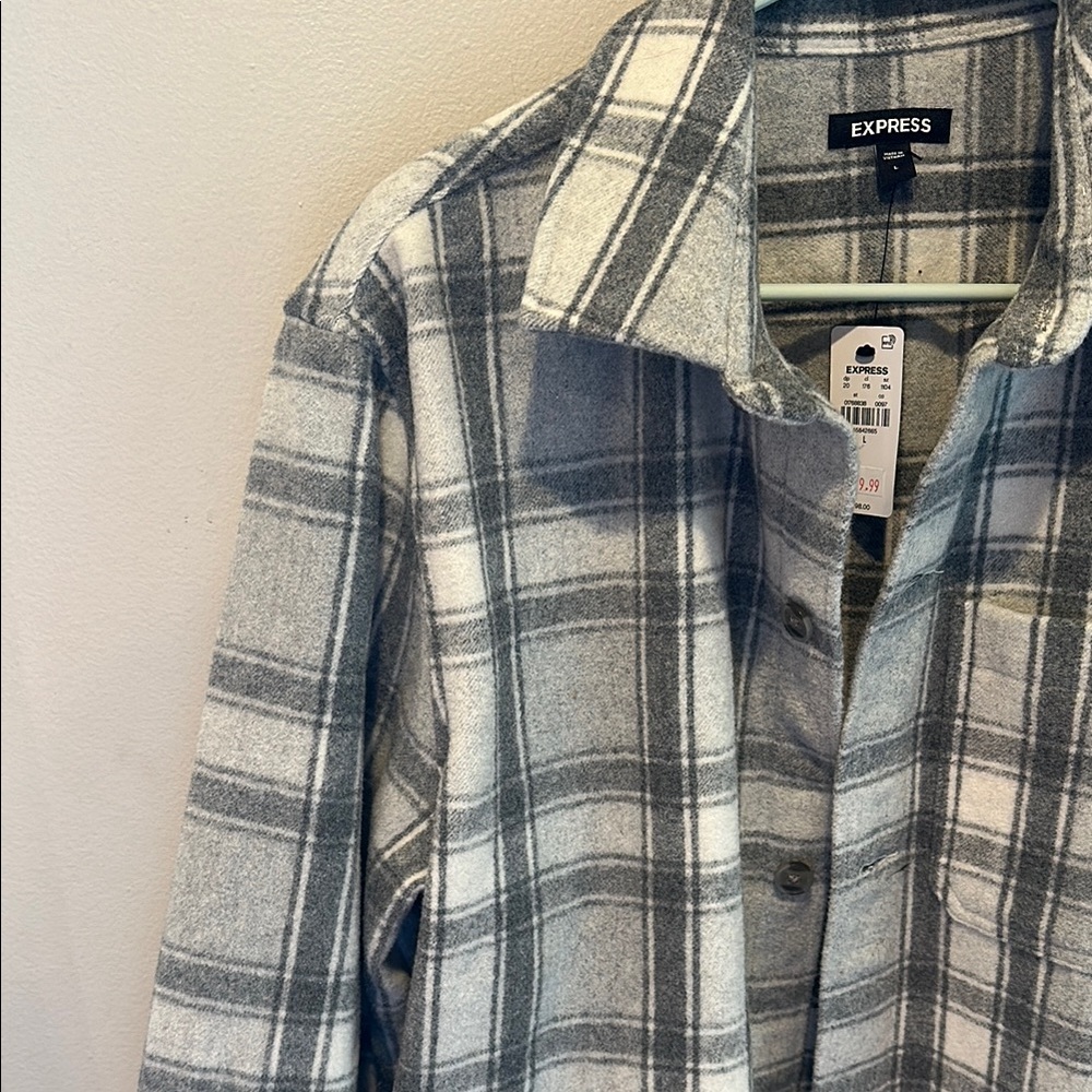 Express Gray Plaid Button-Up Shirt Jacket - Picture 3 of 5